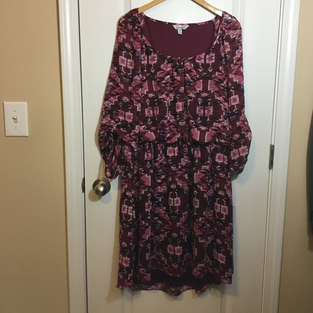 Speechless Flowy Popover Dress Burgundy Print 2X